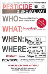 Poster showing free pesticide disposal on November 16, 2023 at Meherrin Ag, 458 NC Highway 58, Trenton, NC
