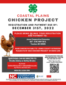 Coastal Plains Chicken Project registration and payment due by: December 31, 2022 Please bring or mail your registration and payment to Craven Cooperative Extension, 300 Industrial Drive, New Bern, NC 28562. Checks made payable to: Jones County Extension, please state "2023 Chicken Project" in memo line. Questions can be directed to Brooke Zeleny or Ashley Brooks by email - bzeleny@ncsu.edu or albrook4@ncsu.edu or by phone at 252-633-1477 Monday-Friday 8:30-5:00 PM. For registration form and more information scan the QR Code or visit http://go.ncsu.edu/craven_coastal_chicken2023