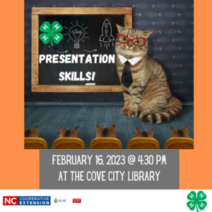 Image of cat with glasses teaching other cats and the text says:"Presentation Skills! February 16, 2023 @ 4:30PM at the Cove City Library"