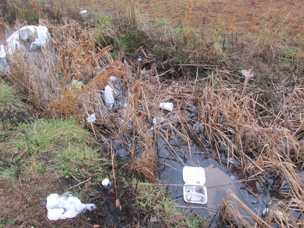 A creek filled with various articles of trash.