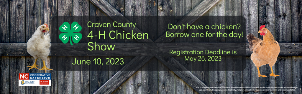 Chicken Show Flier image with barn background and two chickens. The same information in the flier is in the body of the webpage.