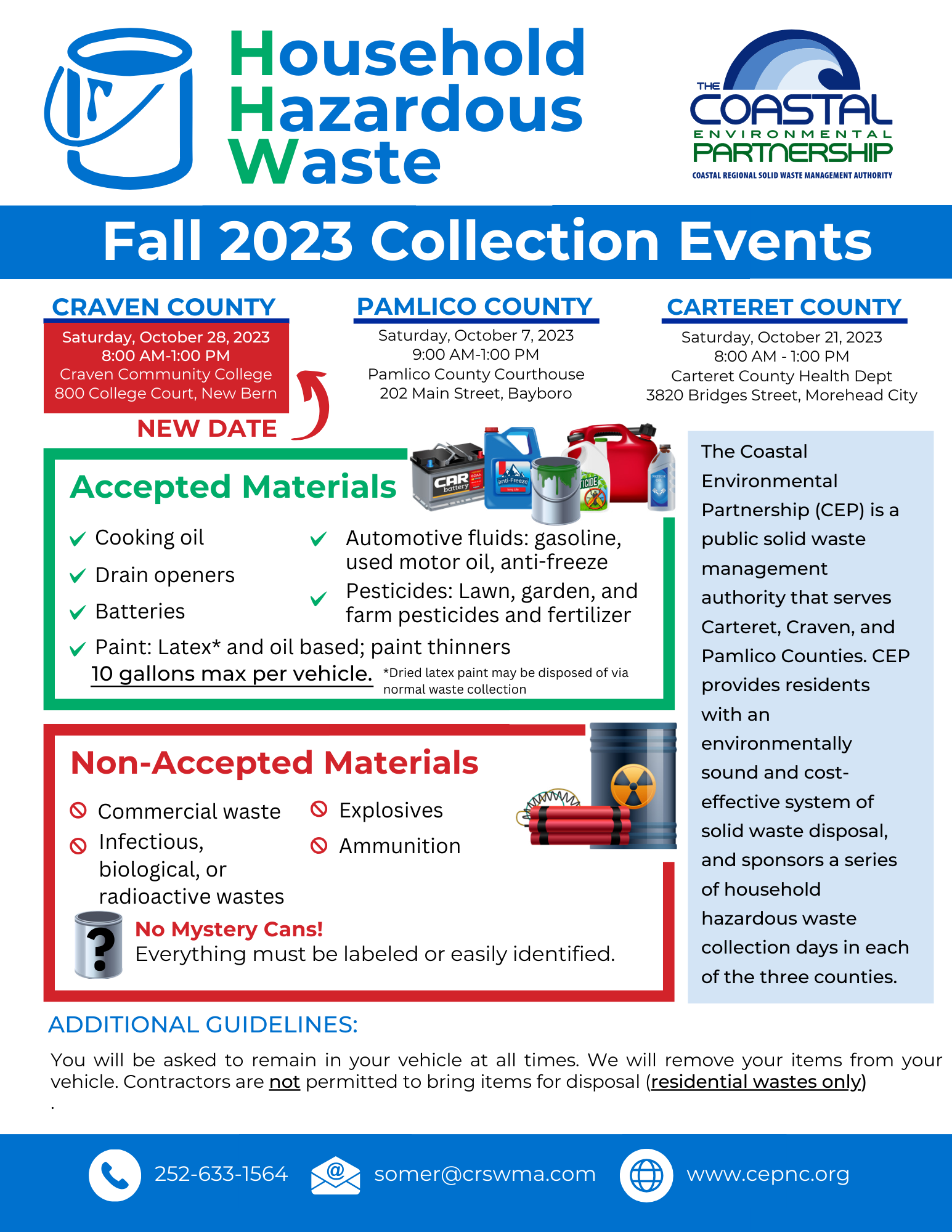 Brochure provided by the Coastal Environmental Partnership outlining hazardous household waste collection sites and dates. For more information, call 252-633-1564