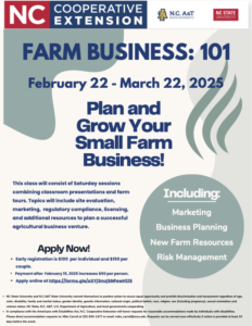 Flyer with announcement of information for a series of classes offered to aid participants in development of a business plan for small farms or agribusiness.